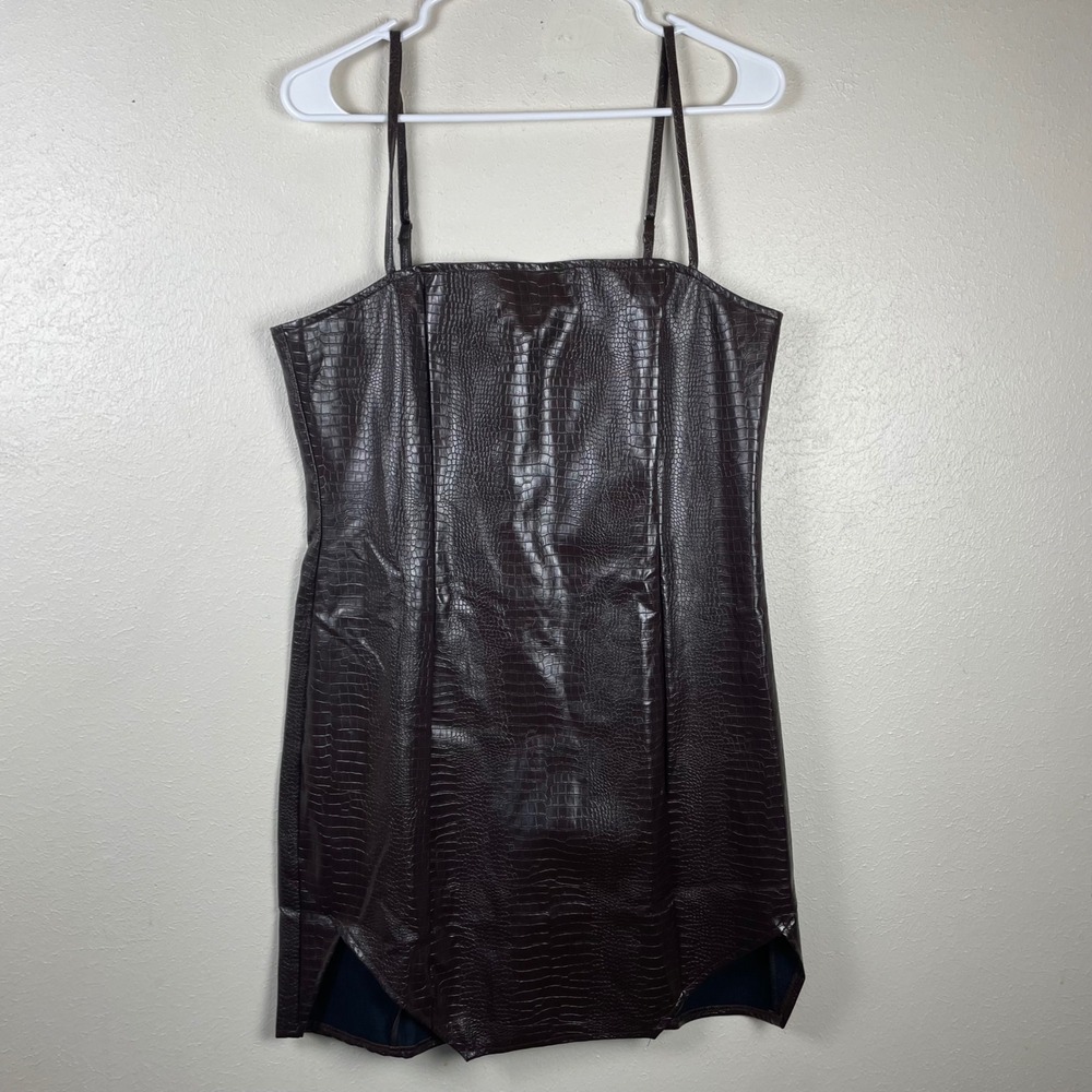 KAIIA Chocolate Brown Croc Embossed Faux Leather Square Neck Mini Dress USA‎ 10